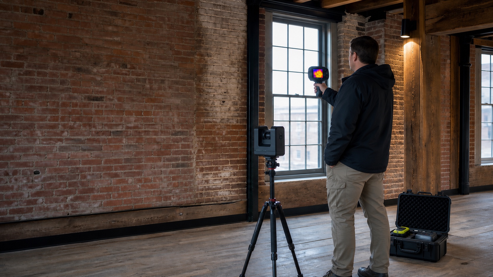 Building diagnostics technician using thermal imaging and spatial scanning equipment